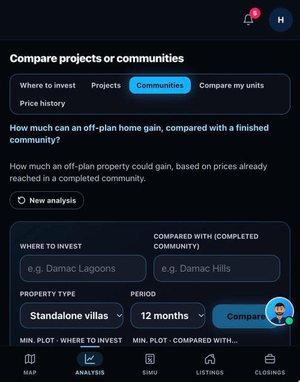 Communities tab: where to invest and the completed community to compare with