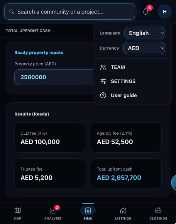 Avatar menu with language, currency, Team, Settings and User guide