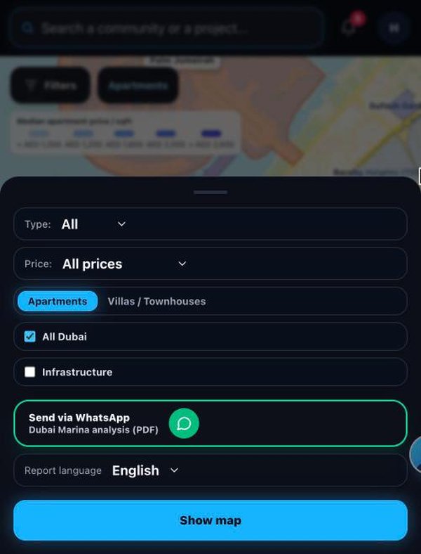 Filters panel with Send via WhatsApp and report language