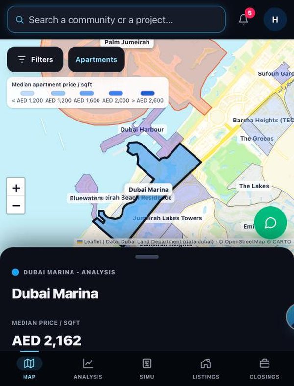 Map of Dubai Marina with the analysis panel